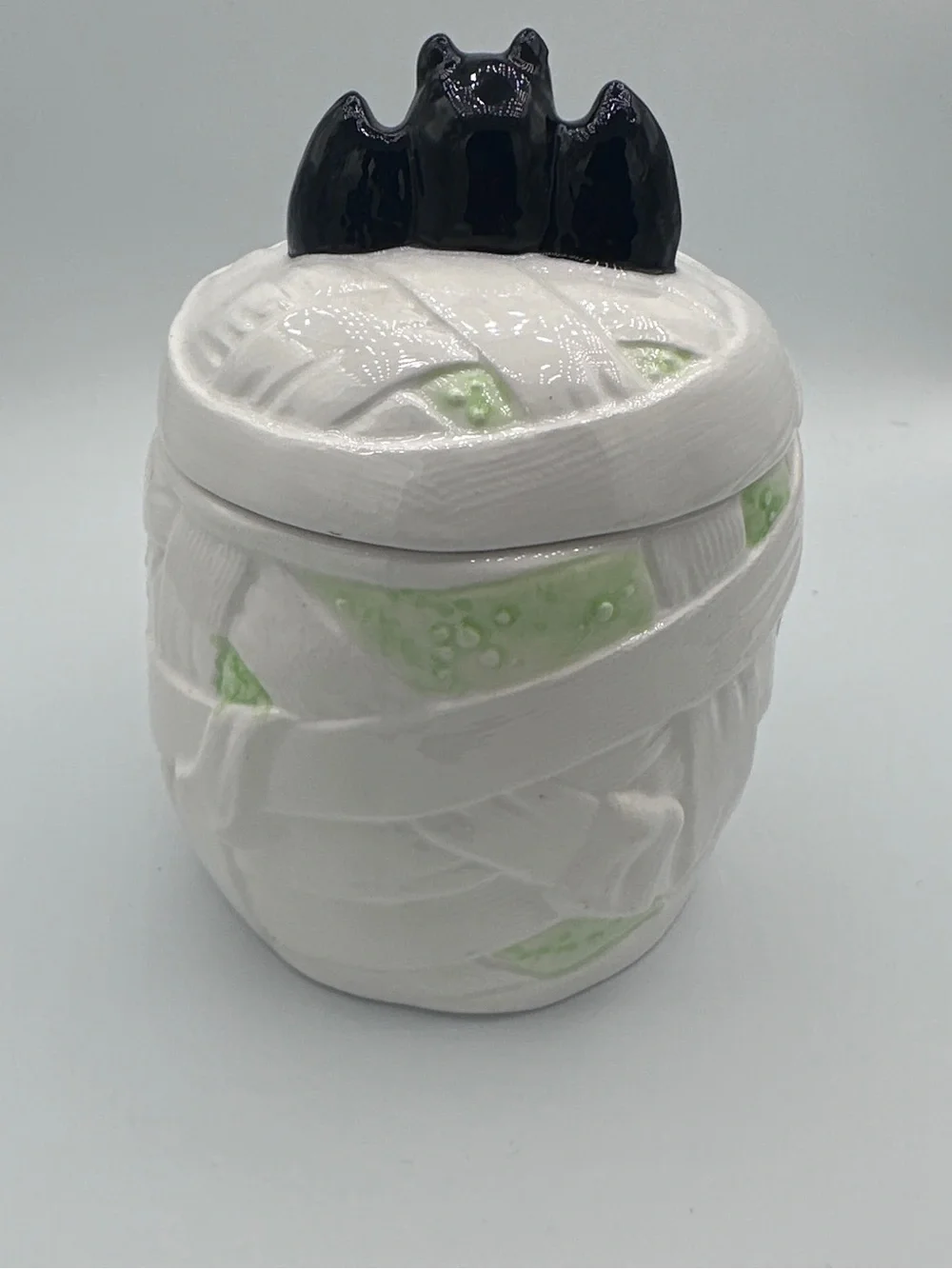 Halloween Mummy Treat Jar with Black Bat Lid - White & Green